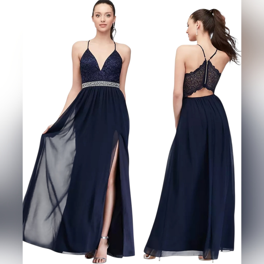 Emerald Sundae Glittery Lace Deep-V Neck Navy Blue Whimsigoth Evening Dress Sz S
